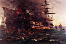 Репродукция картины "the attack on the turkish flagship in the gulf of eressos at the greek island of lesvos by a fire ship commanded by dimitrios papanikolis" художника "воланакис константинос"