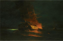 Репродукция картины "the burning of a turkish frigate" художника "воланакис константинос"