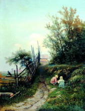 Репродукция картины "landscape with the village children" художника "волков ефим"