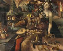 Картина "an alchemist being tempted by luxuria" художника "вос мартин де"