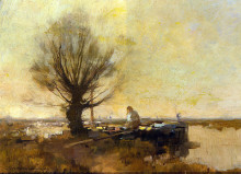 Репродукция картины "a peasant in a moored barge" художника "вреденбург корнелис"