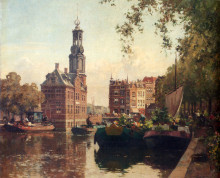 Картина "the flowermarket on the singel, amsterdam, with the munttoren beyond" художника "вреденбург корнелис"