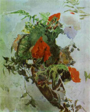 Картина "red flowers and leaves of begonia in a basket" художника "врубель михаил"
