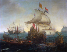 Картина "dutch ships ramming spanish galleys off the flemish coast in october 1602" художника "врум хендрик корнелис"