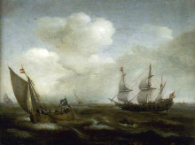 Репродукция картины "a dutch ship and a kaag in a fresh breeze" художника "врум хендрик корнелис"