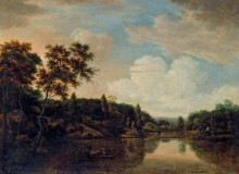 Копия картины "ferry boat on a river, trees on a hill to the left" художника "врум хендрик корнелис"