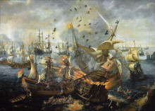 Картина "the explosion of the spanish flagship during the battle of gibraltar, 25 april 1607 (attributed by some to vroom)" художника "врум хендрик корнелис"