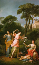 Репродукция картины "greek maidens adorning a sleeping cupid with flowers" художника "вьен жозеф-мари"
