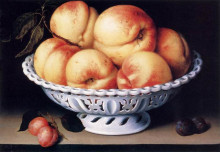 Картина "white ceramic bowl with peaches and red and blue plums" художника "галиция феде"