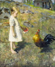 Репродукция картины "the girl and the rooster" художника "галлен-каллела аксели"
