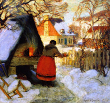 Репродукция картины "heating the oven, winter scene" художника "ганьон кларенс"