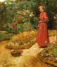 Репродукция картины "woman cutting roses in a garden" художника "гассам чайльд"