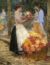 Репродукция картины "woman sellillng flowers" художника "гассам чайльд"
