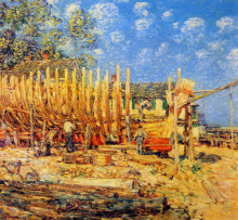 Копия картины "building a schooner, provincetown" художника "гассам чайльд"