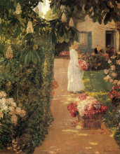 Картина "gathering flowers in a french garden" художника "гассам чайльд"