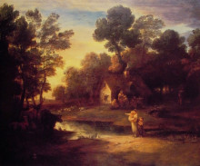 Картина "wooded landscape with cattle by a pool and a cottage at evening" художника "гейнсборо томас"