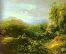 Репродукция картины "mountain landscape with peasants crossing a bridge" художника "гейнсборо томас"