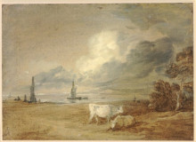 Репродукция картины "coastal scene with shipping, figures and cows" художника "гейнсборо томас"