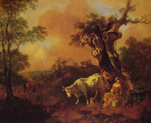 Репродукция картины "landscape with a woodcutter and milkmaid" художника "гейнсборо томас"