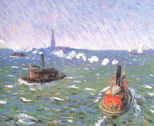 Репродукция картины "breezy day tugboats new york harbor" художника "глакенс уильям джеймс"
