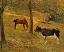 Копия картины "лошадь и корова на лугу" художника "гоген поль"