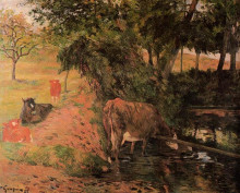 Репродукция картины "пейзаж с коровами в саду" художника "гоген поль"