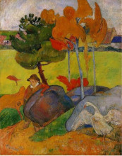 Копия картины "бретонский мальчик в пейзаже с гусями" художника "гоген поль"
