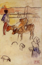 Репродукция картины "бретонцы и коровы" художника "гоген поль"
