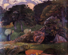 Репродукция картины "пейзаж бретани и женщина с мешком" художника "гоген поль"