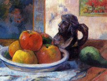 Картина "натюрморт с яблоками, грушей и портретной кружкой" художника "гоген поль"