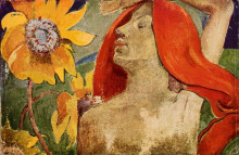 Копия картины "рыжеволосая женщина и подсолнухи" художника "гоген поль"