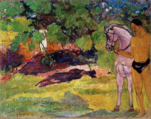 Репродукция картины "в ванильной роще, человек и лошадь" художника "гоген поль"