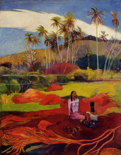 Репродукция картины "таитянки под пальмами" художника "гоген поль"