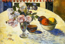 Репродукция картины "цветы и миска с фруктами" художника "гоген поль"