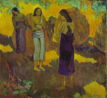 Репродукция картины "три таитянки на желтом фоне" художника "гоген поль"