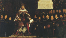 Картина "henry viii handing over a charter to thomas vicary, commemorating the joining of the barbers and surgeons guilds" художника "гольбейн младший ганс"