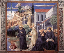 Картина "the parable of the holy trinity and the visit to the monks of mount pisano" художника "гоццоли беноццо"