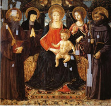 Репродукция картины "madonna and child enthroned among st. benedict, st. scholastica, st. ursula and st. john gualberto" художника "гоццоли беноццо"