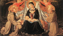Картина "madonna and child with st. francis and the donor fra jacopo da montefalco (left) and st. bernardino of siena (right)" художника "гоццоли беноццо"