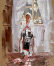 Репродукция картины "peasant sewing by the window" художника "григореску николае"