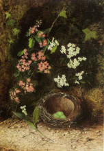 Картина "still life of birds nest with primulas and blossom" художника "гримшоу джон эткинсон"