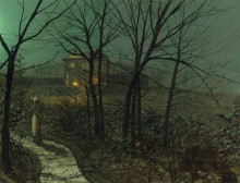 Репродукция картины "woman on a path by a cottage" художника "гримшоу джон эткинсон"