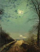 Репродукция картины "a wet road by moonlight, wharfedale" художника "гримшоу джон эткинсон"