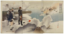 Репродукция картины "major general ōdera at the cliff" художника "гэкко огата"