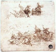 Картина "page from a notebook showing figures fighting on horseback and on foot" художника "да винчи леонардо"