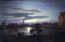 Картина "copenhagen harbour by moonlight" художника "даль юхан кристиан"