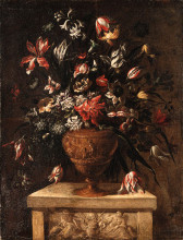 Картина "glowers in a sculpted vase on a stone plinth" художника "де фьори марио"