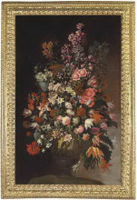 Картина "roses, tulips, chrysanthemums and other flowers, in a sculpted urn, on an earthen bank" художника "де фьори марио"