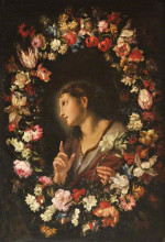 Репродукция картины "the angel of the annunciation in a garland of flowers" художника "де фьори марио"