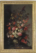 Картина "tulips, lilies, irises and other flowers, in a sculpted urn, with a snake and a moth, on an earthen bank" художника "де фьори марио"